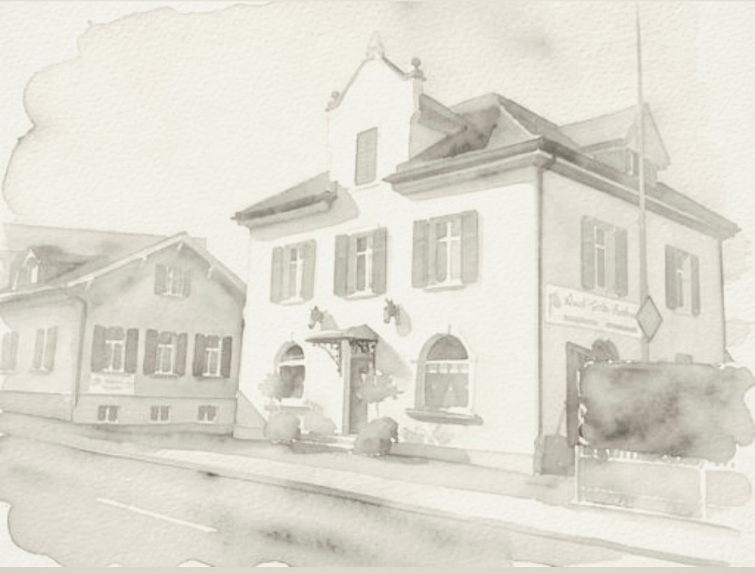 Aquarell-Skizze des Fachgeschäfts und der Werkstatt an der Hauptstrasse in Berg TG